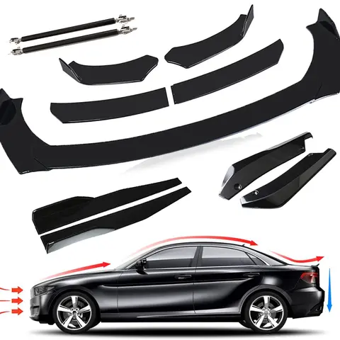 Universal Car Front Bumper Lip Splitter Chin Spoiler Body Kits with Car Side Skirt Extension Rocker Panel+ 2Pcs Car Rear Bumper Lip Diffuser and Strut Rods,Fits for Honda Audi,Ford,BMW,Honda,Chevrolet,Civic,Benz,Mazda,GMC Nissan,Toyota, Mitsubishi