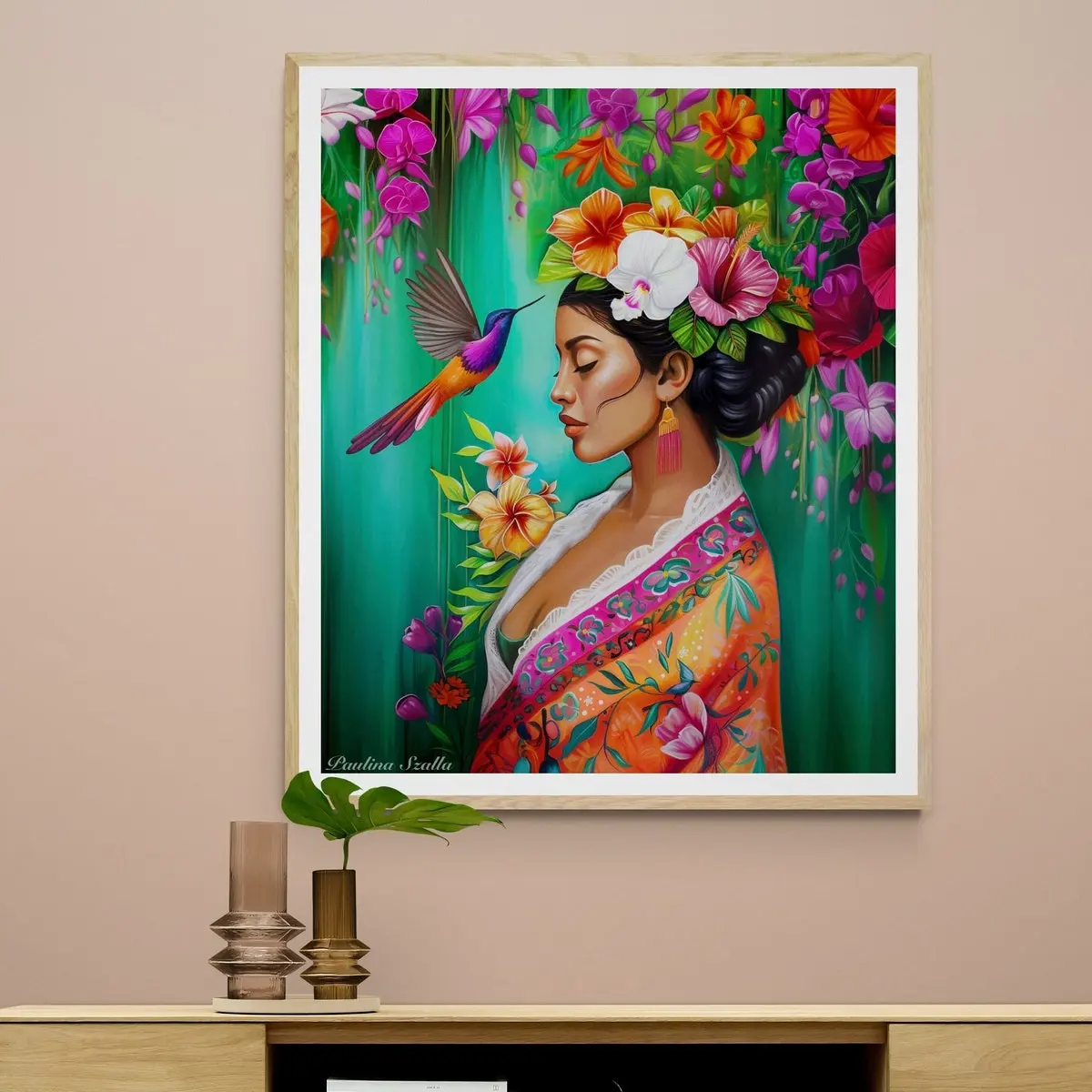 Latina Woman of Colors with Hummingbird – Mexican Boho Folklore Wall Art, Botanical Chicano Empowerment Print, Latinx Inspired Poster, Room Decor, 5 Sizes (8x12–27x40 inch), Unframed
