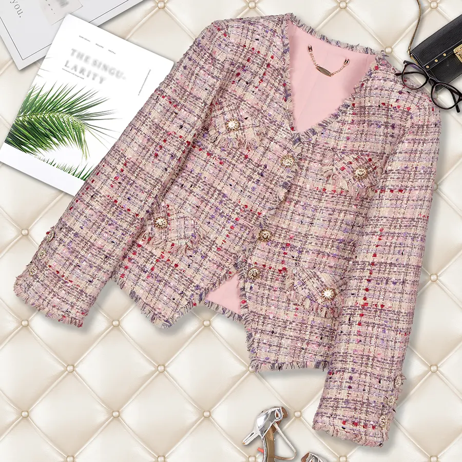 DUSHE Women's Chic Korean Plaid Tweed Jacket with V-Neck, Button Front, Fringe Trim and 4 Pockets, Body-Fitted, Elegant, Cool Iron, Do Not Bleach, Woven