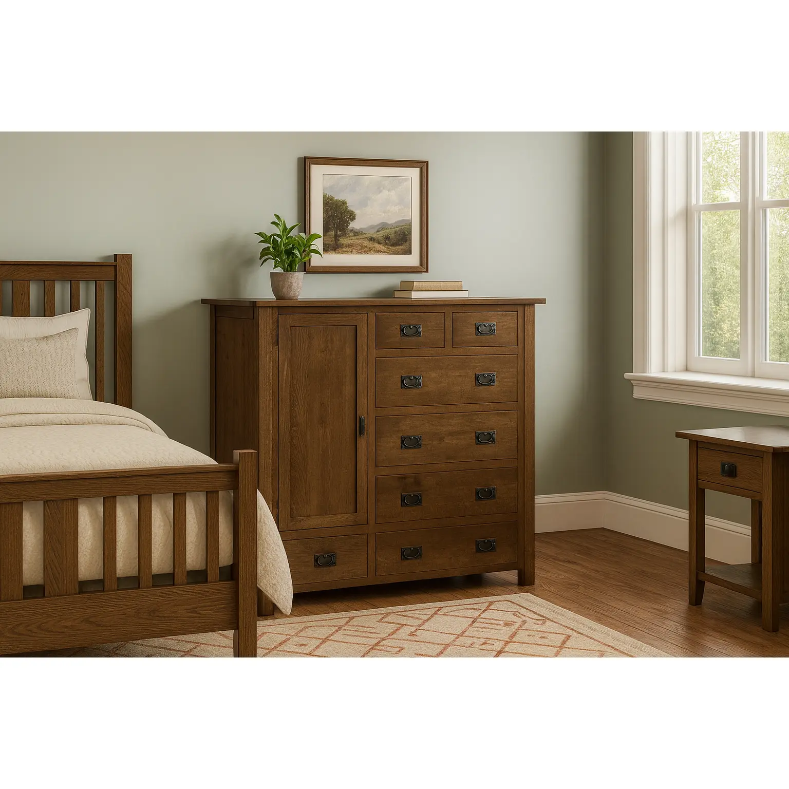Mission Style Solid Oak Cabinet with Drawers - Walnut (AW), Wooden Indoor Storage Cupboard, Mission Style Furniture