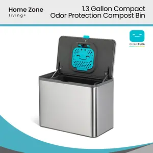 Home Zone Living 1.3 Gallon Stainless Steel Compost Bin with CleanAura Odor Control and Removable Liner, Silver