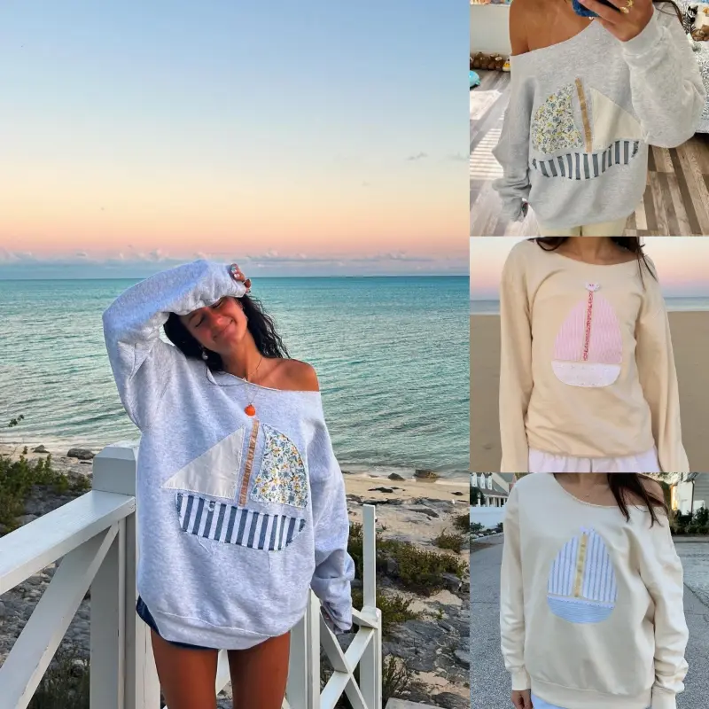 2025 Fall New Women's Hoodie - Ocean Sailboat Patch Design, Convertible Off-Shoulder/Single-Shoulder, Stylish & Versatile#FallHoodieTrend2025#OceanPrintFashion#ConvertibleHoodie#OffShoulderStyle