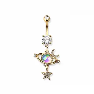 CZ Crystal Orbiting Planet with Crescent Moon and Stars Dangling Belly Button Ring - 316L Stainless Steel