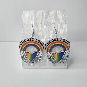 #255 "Choose Love" Rainbow Skeleton Hands with Silver Glitter Earrings, Casual Pride Jewelry, Acrylic