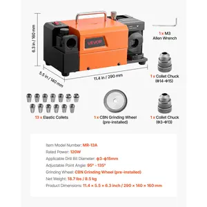 VEVOR Drill Bits Sharpener MR-13A+, 3-15mm Drill Bit Grinder Sharpener with 95-135 Adjustable Point Angle, 5800RPM High Speed Re-Sharpening Machine with 13 Collets CBN Wheel for Workshops Garages