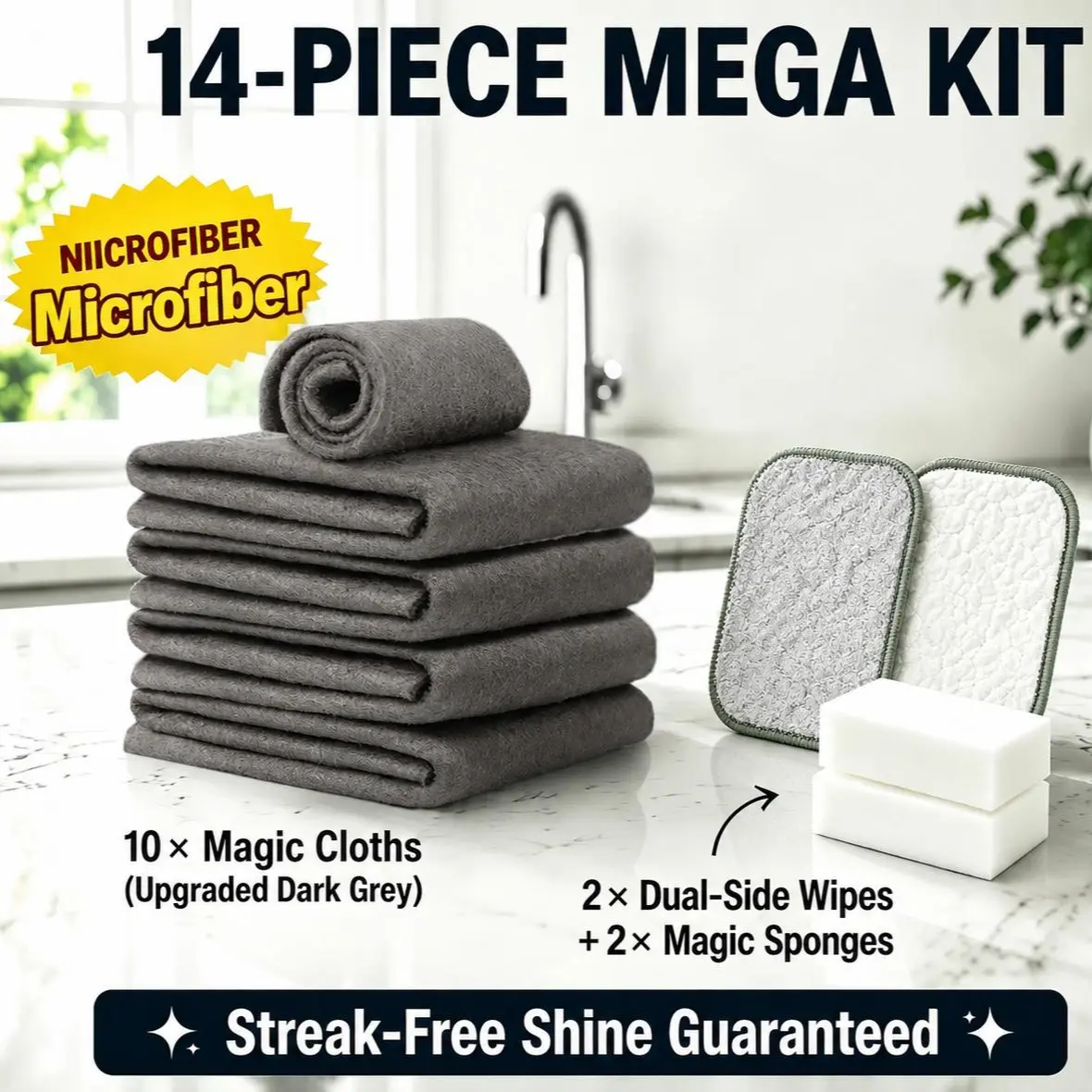 10 Pack Magic Cleaning Cloths Kit, 2 Double Sided Scrub Pads & 2 Melamine Sponges, Reusable Streak-Free Towels for Home Window Car Cleaning