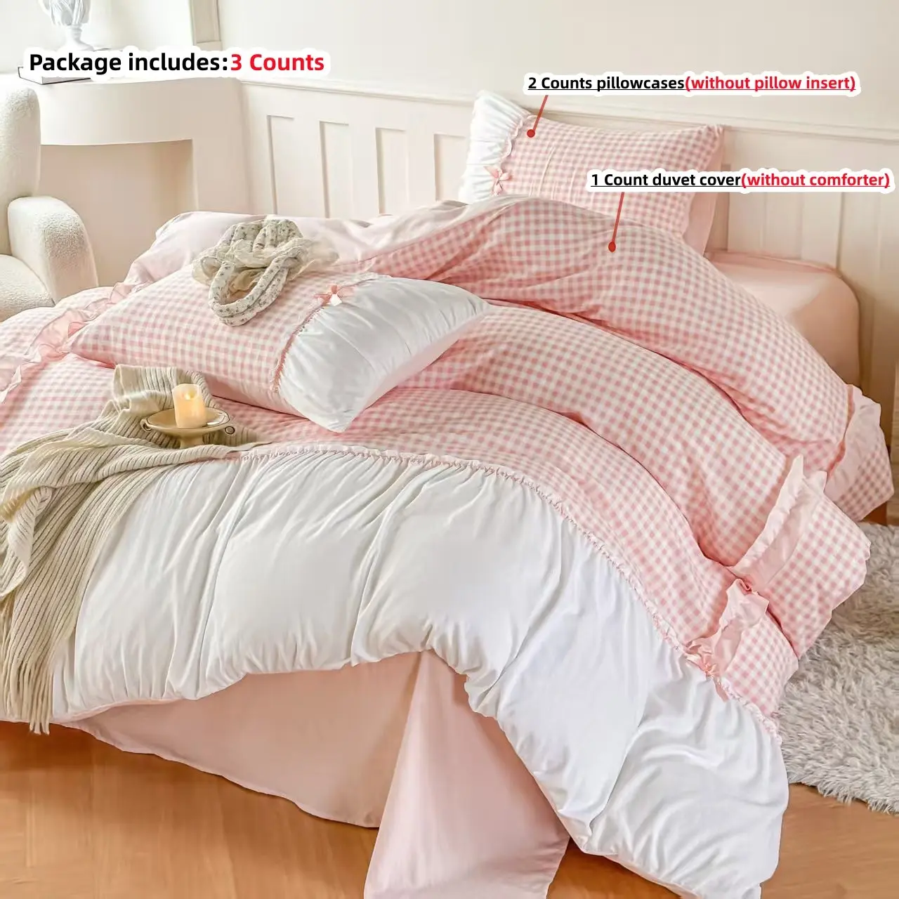 French Romantic Plaid Decorative Bedding Set, 3-Piece Duvet Cover and Pillowcases, Soft Fabric, Zipper Design, All Seasons Comfort, Cozy Bedding Set, Soft Bedding Sets