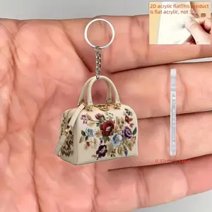 2D Flat - Single 2D Acrylic Beige Handbag Charm Keychain | Floral Embroidery, Suitable For Bags And Gifts, Iron Alloy Ring Buckle &Fashion &  &Luxury Chic Design &Delicate Floral Embroidery &Valentine's Gift