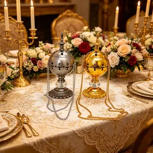 Hanging Havdalah Besamim Incense Burner - Elaborate Star-Patterned Scented Fragrance Burner with Crystal Accent, Suspension Chain, Gold-Antique Bronze Finish, Aroma Gift Box
