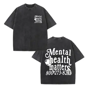 Oversized Retro Washed T-Shirt, Double-Sided Print with "Mental Health Matters" Gothic Text & Suicide Prevention Hotline, Unisex Casual Streetwear Tee for Men Women, Perfect for Outdoor & Daily Wear