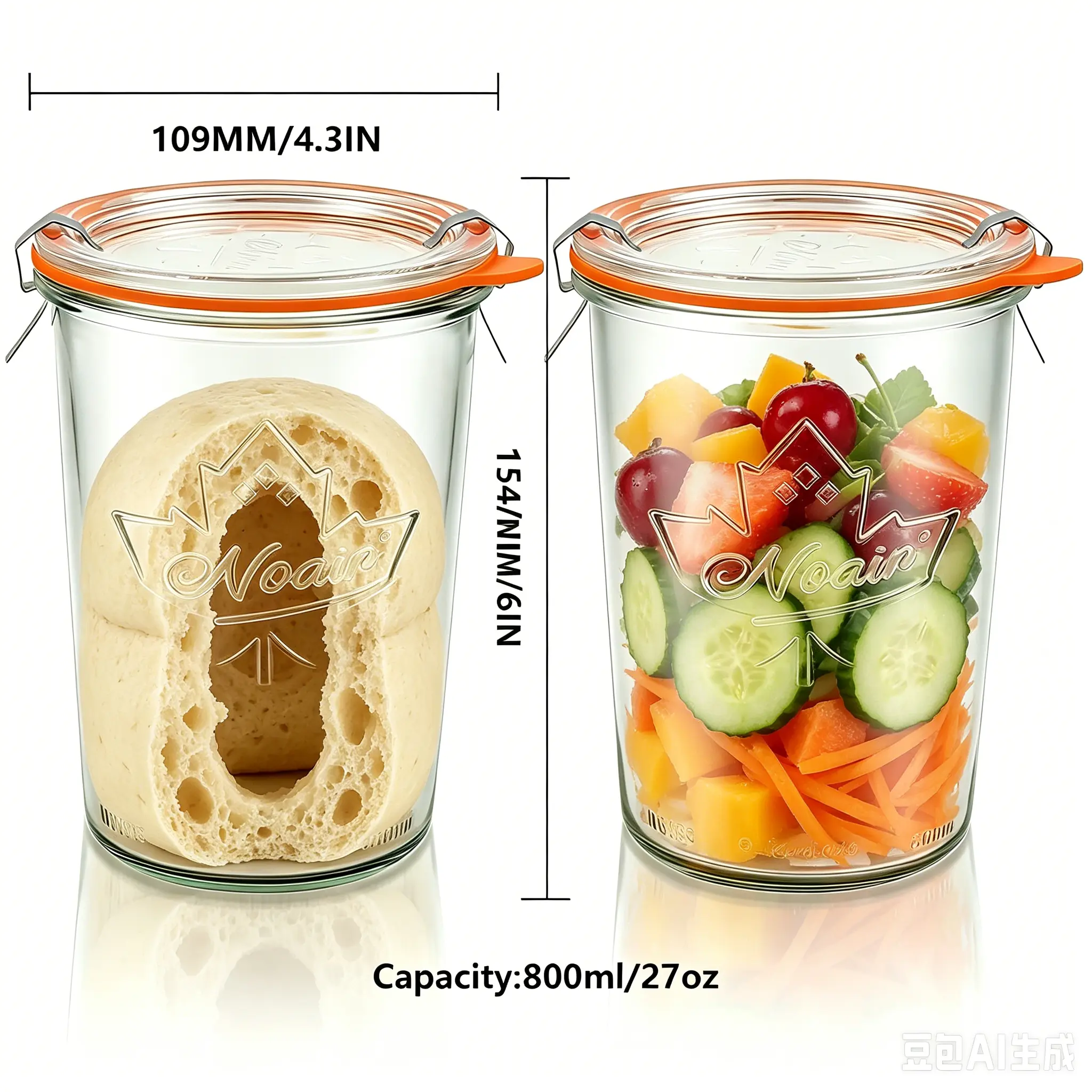 27-oz Wide-Mouth Glass Canister, Large-Capacity Home Storage Jar with 2 Measurement Markings, Glass Sealing Lid & Plastic Lid for Sourdough Fermentation & Candy Storage