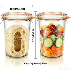 Wide Mouth Canning Jars 27 oz – 2 Pack Sourdough Starter Jars with Glass Airtight Lids and Plastic Lids, Large Glass Containers with 2 Measurement Marks for Food Storage, Fermentation, Pickling, Meal Prep