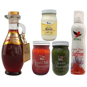 Homa Afghan Silk Road Pantry Condiment Bundle with Qurut, Pomegranate Vinegar, Red & Green Chutneys, and Saffron Spray.