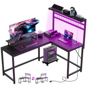 Dual-size convertible computer desk with built-in charging ports remote control adjustable lights and monitor stand plus brake wheel design ideal for indoor gaming and leisure areas