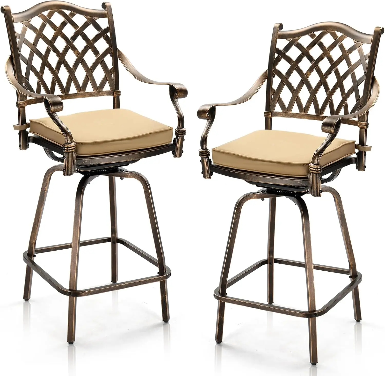 VINGLI Outdoor Patio Swivel Bar Stools Set of 2, All-Weather Cast Aluminum Bar Height Bistro Chairs, Counter Height Outdoor Barstools, with Cushions for Garden, Load Capacity: 380 lbs
