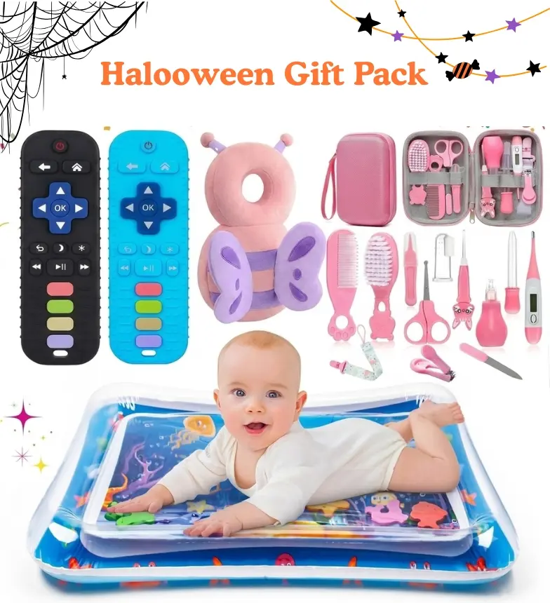 Baby Care Bundle Halloween Baby Gift - 4-Pack Soft Gum Teething Chew Toys (Black+Blue), Tummy Time Water Mat, Baby Head Protector, Pink Newborn Grooming Kit