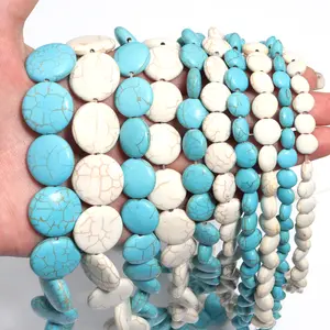 1 Strand 8/10/12/16/20mm Natural Stone Bead White/Blue Flat Round Turquoise Beads Loose Beads For Jewelry Making diy Bracelet