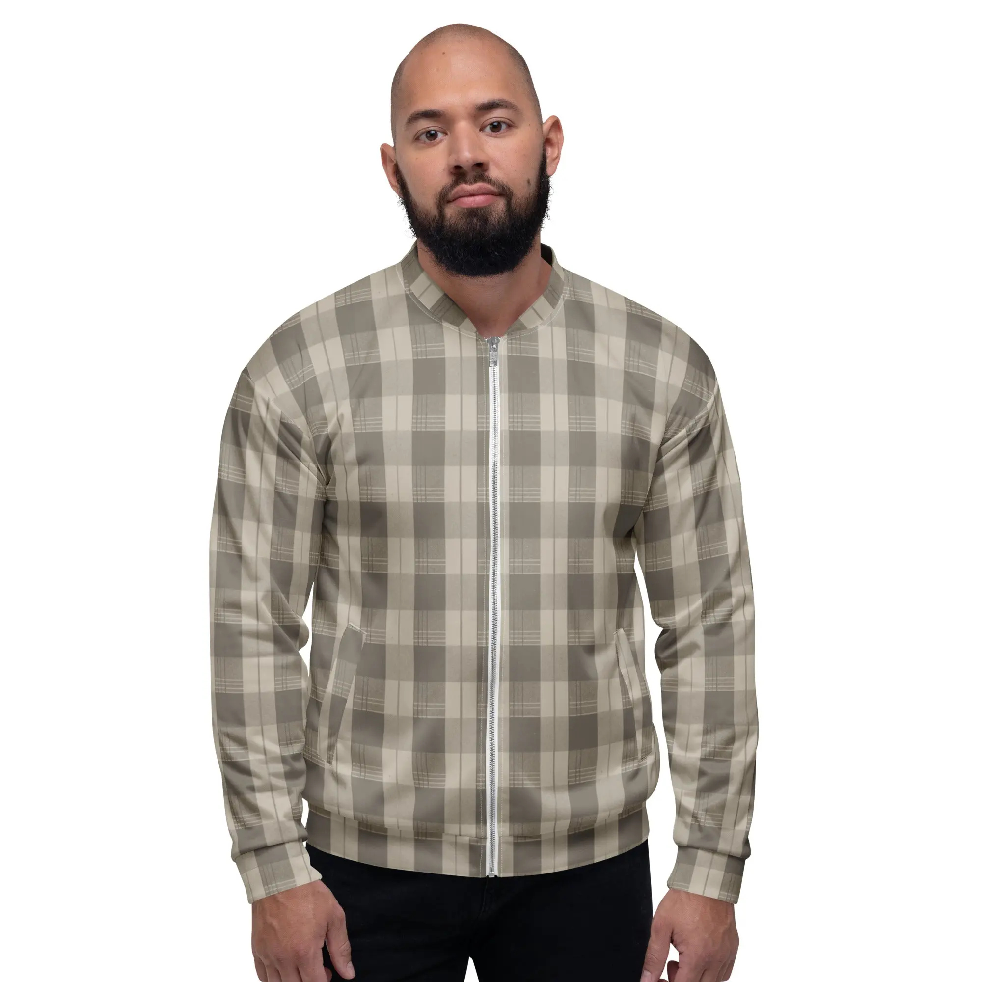 Unisex Bomber Jacket - Cream Plaid - Men