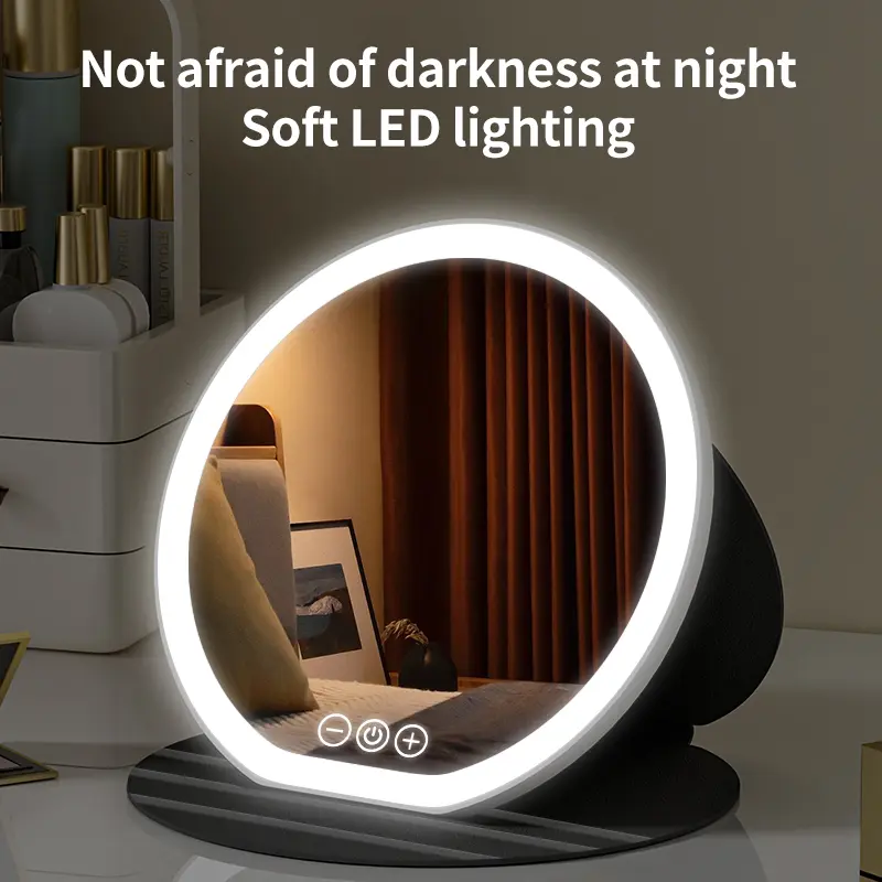 Mirror with Suction Cups Rechargeable LED Light 3-color Dimmable Portable Folding Travel Black/White Soft LED Lighting