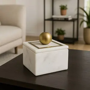 White Marble Modern 5" Storage Box with Removable Lid