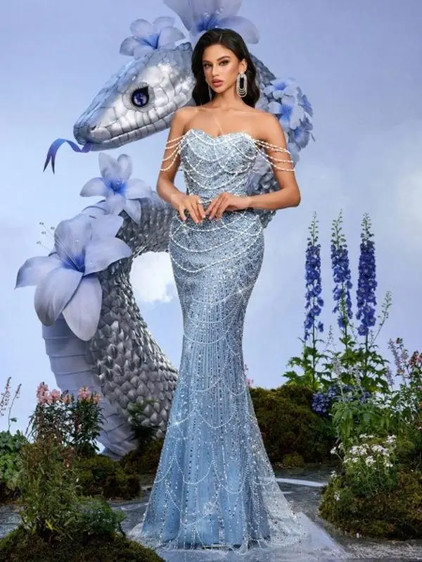 blue dress for baby girl Zapaka Women Light Blue Sparkly Beaded Mermaid Long Prom Dress Spaghetti Straps Tulle Formal Dress, Blue / US6