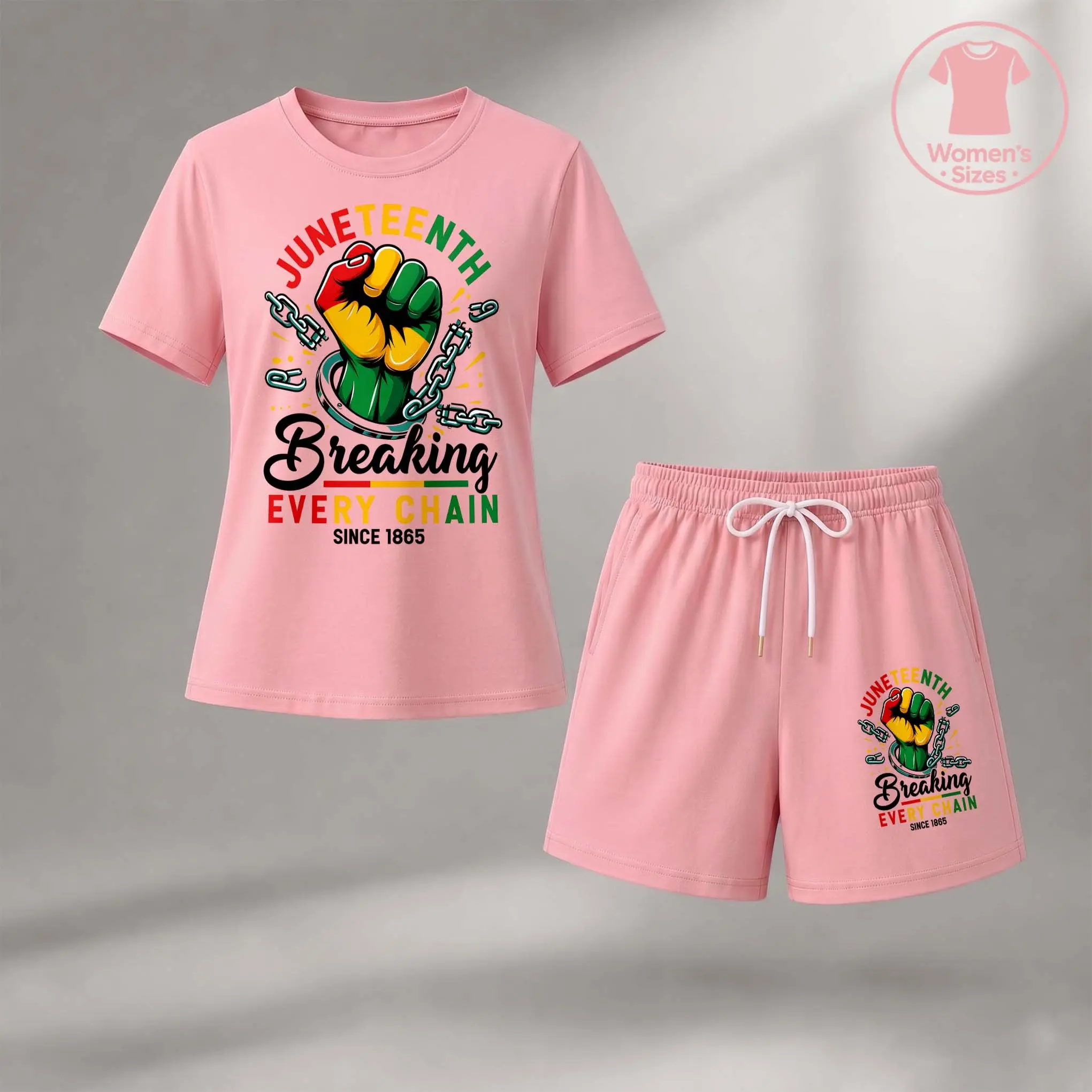 Women's Juneteenth Festive Atmosphere Graphic Short Sleeve T-Shirt And Shorts Set, Casual Summer Two-Piece Outfit With Crew Neck Top And Drawstring Waist Shorts For Daily Wear