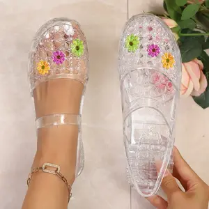 2026 Women's Sunflower Charm Jelly Sandals, Hollow Woven Flat Slippers, Versatile Indoor & Outdoor Beach Shoes, Women Shoes