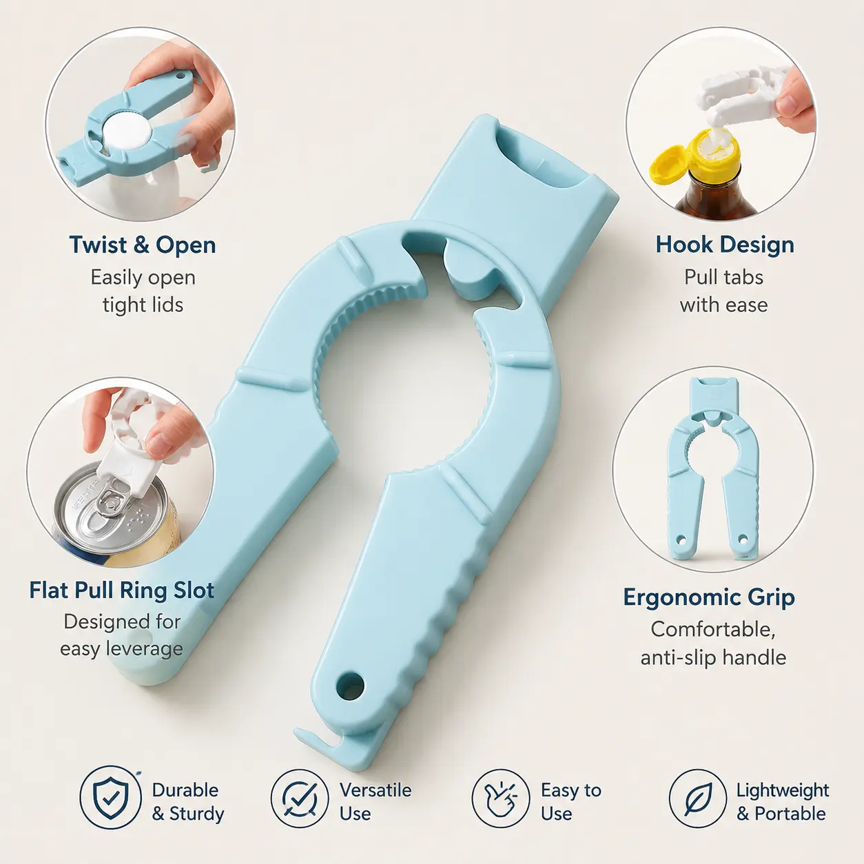 1 Count, multifunctional bottle and can opener, non-slip handle with hook design, helps unscrew bottle caps, lift pull tabs and open soda cans for daily kitchen use
