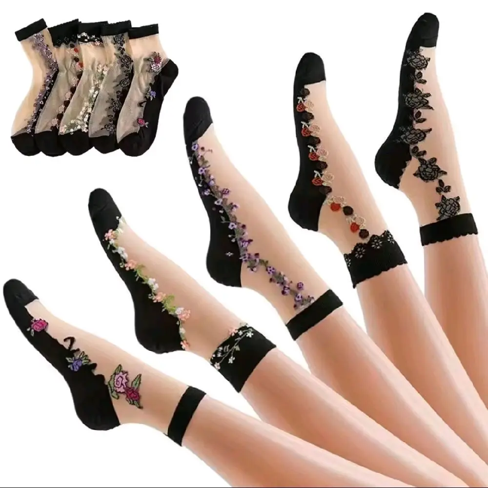 Women's 5-Pair Floral Print Summer Low Cut Ankle Socks Set - Sheer Fashion, Casual, Thin Mesh, Transparent Look, Comfortable, Breathable, Lightweight, Basic, Cold Wash Compatible for Daily Wear, Five Pairs