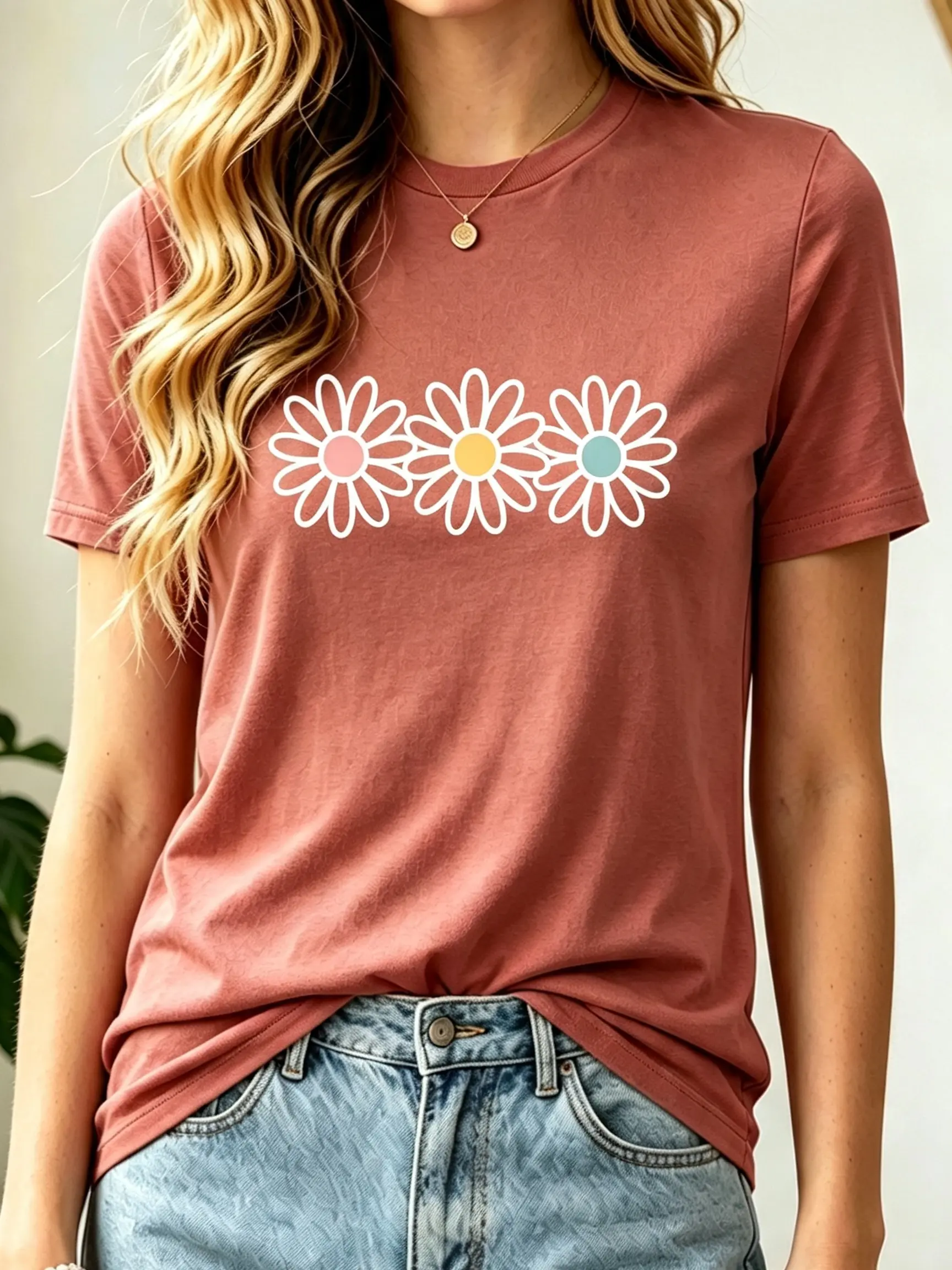 Women Premium Graphic Tee, Soft 100% Cotton Relaxed Fit Short Sleeve Top Crew Neck, Cute Pastel Daisy Life Is Good Printed T-Shirt for Women Street Casual Office Home Outdoor Daily Outfits