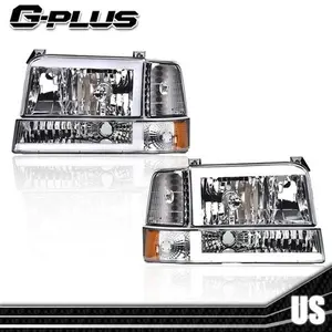 Fit For 1992-1996 Ford F150 F250 F350 Bronco Amber Chrome Headlights w/ LED DRL