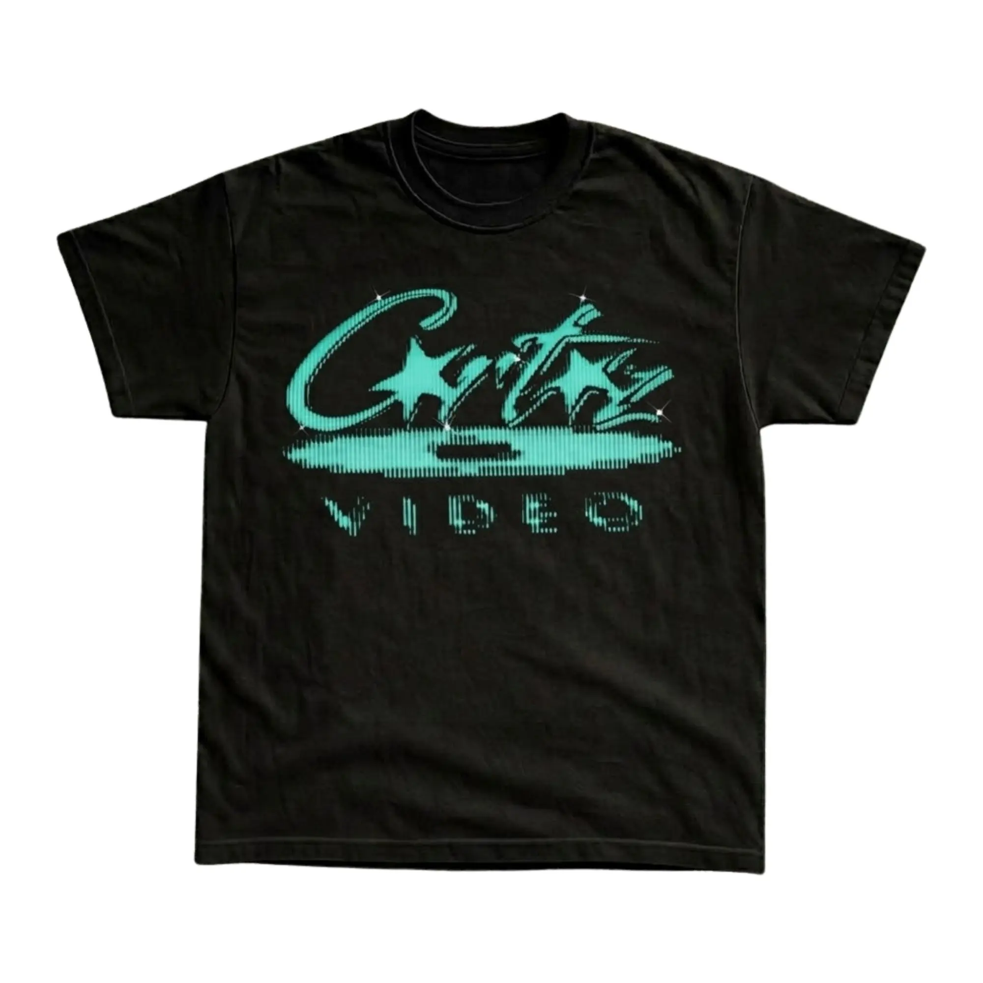 Cyber Y2K Corteiz Video Teal Glitch Logo Graphic T-Shirt, Distressed Retro Vaporwave Stars Stencil Graphic Art Print, Unisex Black Heavyweight Streetwear Tee, Edgy Streetwear Outfit Gift