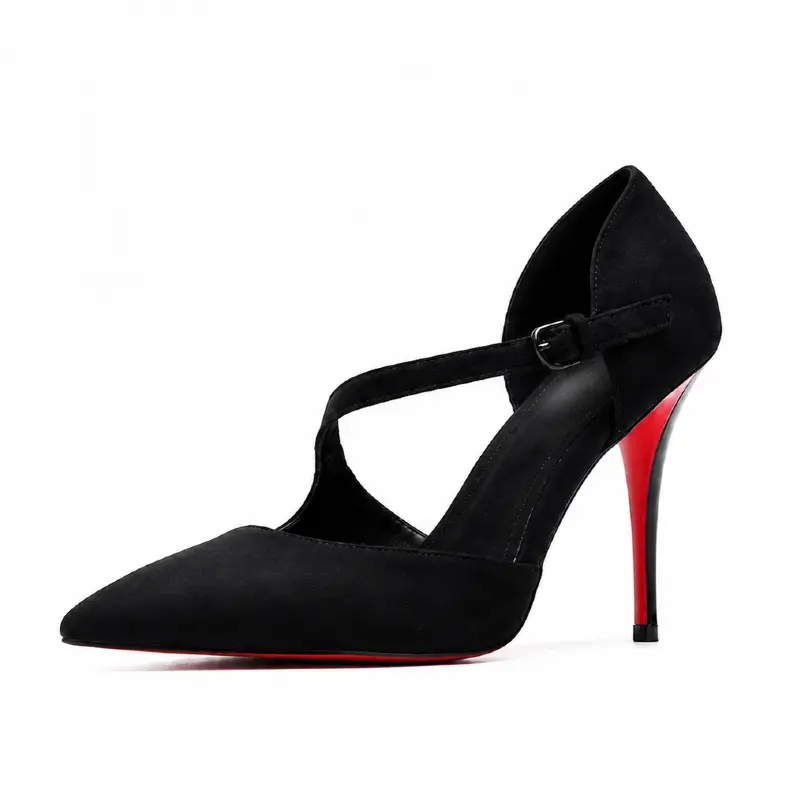Women's Custom Luxury Black Suede T-Strap Red Bottom Heeled Pumps - Bridal Shoes, Black Heels, Adjustable T-Strap Buckle, Pointed Toe, Thin High Heels, Smooth Scratch-Resistant Suede, Breathable Arch, Comfortable for Wedding, Clubs, Office Use, Stylish, E