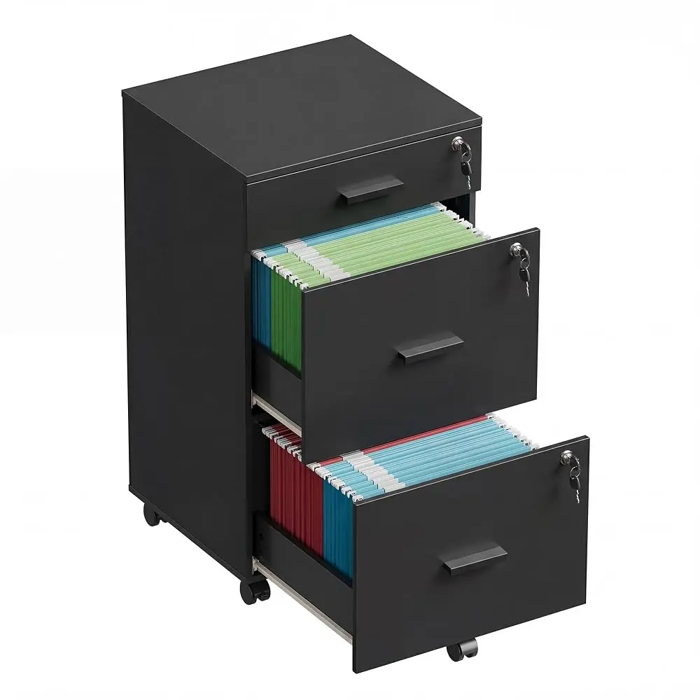DEVAISE 3 Drawer Mobile File Cabinet with Lock & Wheels, Black | Wood Printer Stand, Filing Cabinets for Home Office, Fits Letter/A4 Size