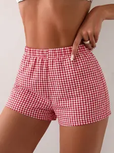 Women's Red Gingham Elastic Waist Lounge Shorts, Casual Plaid Sleep Shorts | #GinghamShorts #LoungeShorts #PlaidShorts