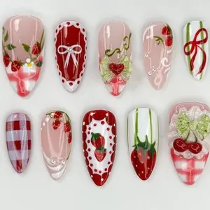 S9 Nailed by Vibe - Sweet Strawberry Bow Press-On Nails, 3D Strawberries & Cute Ribbons, Pink Red Mix, Handmade Nail Art, Girly Look, Party Date Night, Gifts for Her