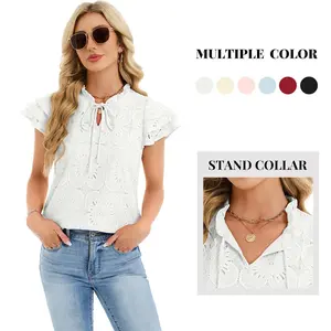 Funlingo Womens Summer Eyelet Tops Dressy Casual Ruffle Cap Sleeve Blouses Hollow Out Crochet Lace Embroidered Shirts