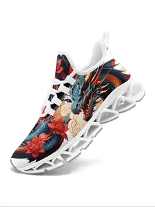 Men's Fashionable Dragon & Floral Pattern Lace Up Sneakers, Casual Comfortable Breathable Sports Running Shoes, Male All-match Round Toe Shoes for Daily Wear