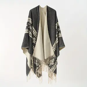 Geometric Pattern Striped Tassel Cardigan, Elegant Open Front Imitation Cashmere Shawl, Autumn Winter Soft Warm Windproof Cloak For Women