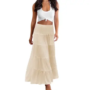 Women's Long Maxi Skirts Tiered Elastic High Waist Boho Double Layered Print A-Line Casual Midi Dress