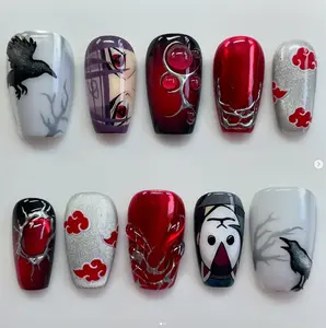 Itachi Akatsuki Press On Nails | Hand-Painted Sharingan, Crows & Red Cloud Symbols | Naruto-Inspired Nail Art for Anime & Manga Lovers