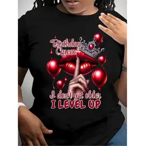 Queen's Birthday Queen Pattern T-shirt, polyester blend, Casual round-neck T-shirt with balloon and lip print, regular length, knitted fabric, suitable for all seasons, Allseason Top| Humorous design | Medium elasticity