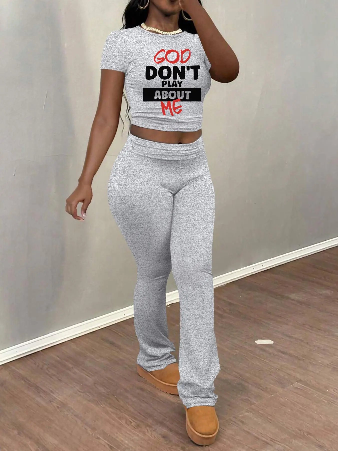 Women's Letter Print Statement Crop Tee & Flare Leg Pants Two-piece Set, Casual Fashion Cozy Round Neck Short Sleeve Top & Bell Bottom Trousers for Daily Outdoor Wear, Ladies Clothes for Spring & Fall