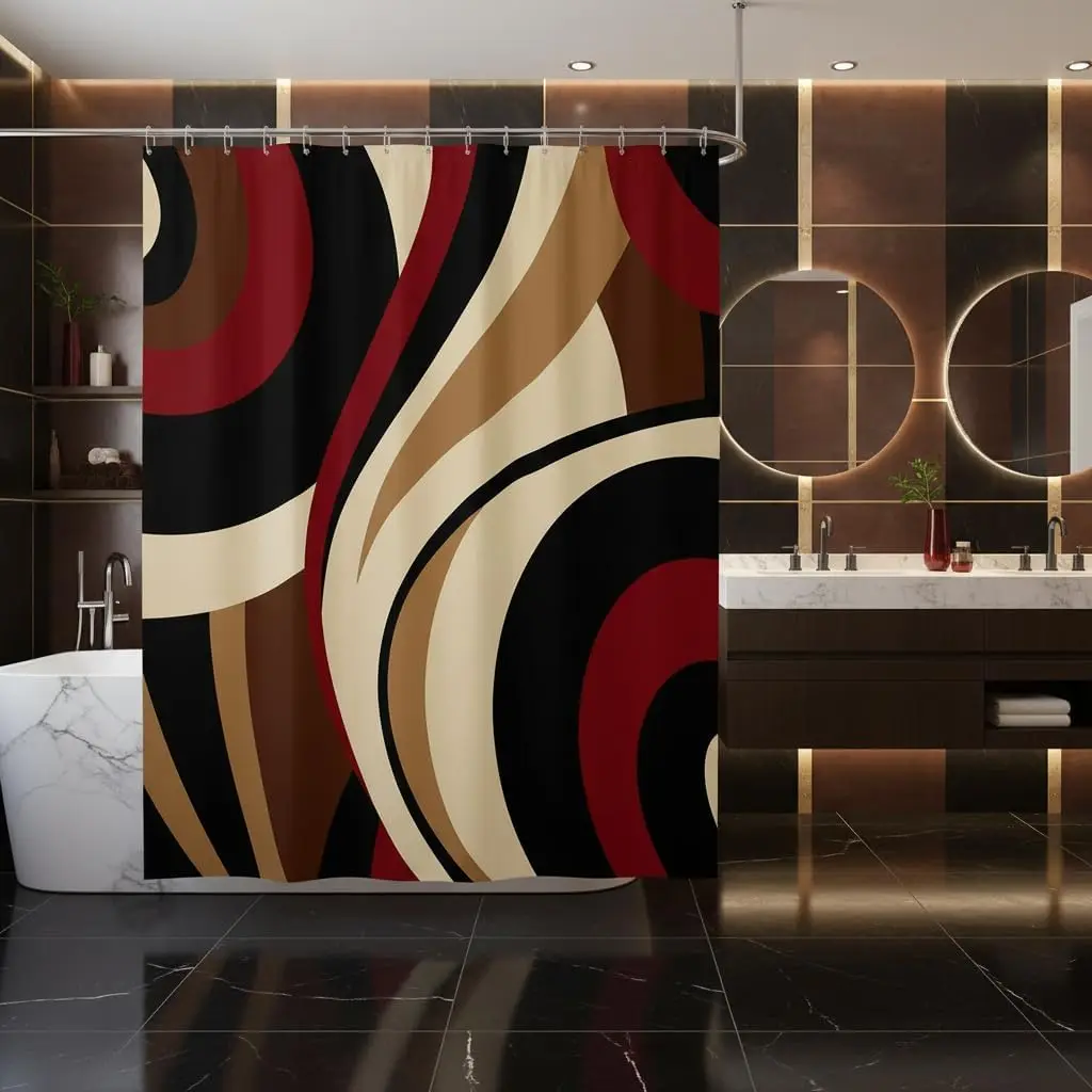 Black Red Brown Shower Curtain Vintage Abstract Stripes Bathroom Curtain Women Adult Bathroom Decor Geometric Circle Waves Waterproof Curtain Soft Polyester Bath Curtain