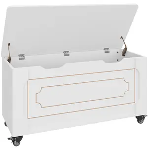 Modern Wooden Entryway Bench with Wheels – Lift-Top Storage Trunk, Double Safety Hinges, Rounded Corners, Multi-Use Shoe and Blanket Chest – Supports 350 lbs – Versatile Hallway Furniture, White