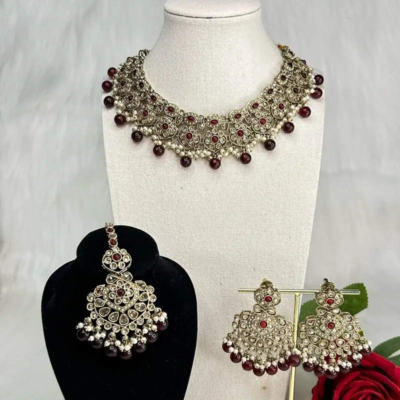 Desi Stylish Necklace With Earrings And Tikka Set Featuring Gemstones And Pearl Accents For Festive Wear Indian Jewelry