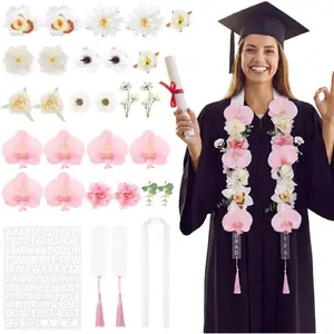 36 Pcs DIY Graduation Leis Set Class of 2026 Flower Graduation Stole with Tassel Acrylic Card Letter Sticker Congrats Grad Necklace for Craft High School College Gift Ceremony Party (Pink)