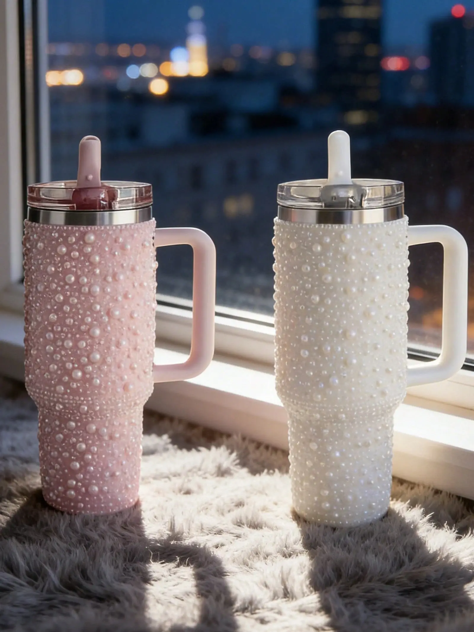 40oz Stainless Steel Silicone Straw & Lid Leakproof Vacuum Insulated Tumbler, Portable Pearl Rhinestone Design, Car Cup Holder Fit, 24H Cold Insulation, Car Interior Stowing Accessory, Multiple Colors, Valentine’s Day/Birthdays Gift, Double Wall, Fits Car
