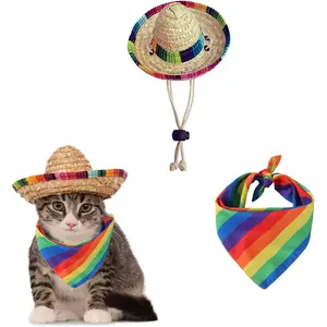 Funny Mexican Sombrero Pet Straw Hat Cap Rainbow Scarf Party Decorations for Birthday, Small Pets Puppy Cat (A)