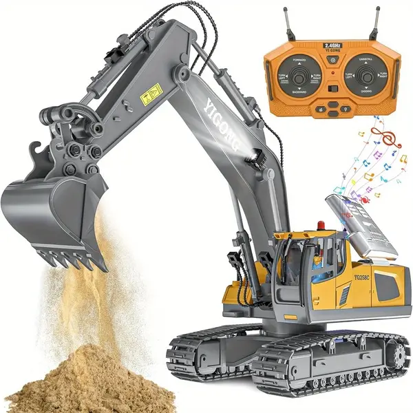 Remote Control Excavator Toy, Rechargeable 11 Channel 2.4Ghz RC Construction Vehicles with Metal Shovel for Kids, 680° Rotation with Lights and Sound - 1/20 Scale Digger for Boys 6-12